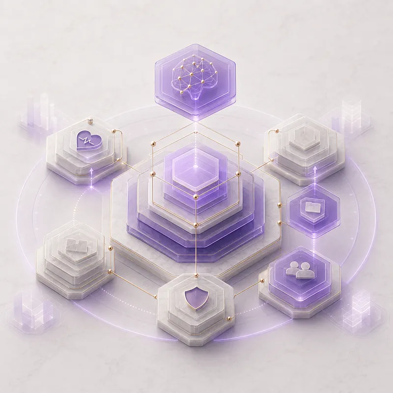 Stabiler Enterprise-Kern, umgeben von modularen Ebenen für Workflows, Anwendungen, Daten und sichere KI-Modernisierung