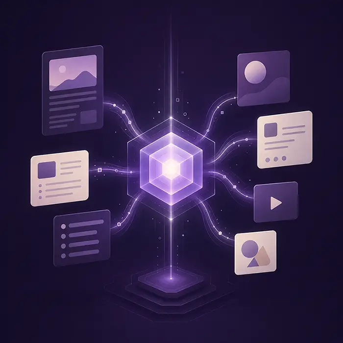 KI-gestützte Redaktionsengine mit Ebenen für Recherche, Entwurf, Adaption, visuelle Produktion und menschliche Prüfung