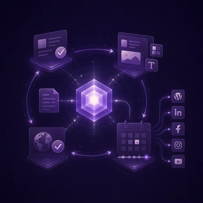 Betreuter Publikationsworkflow, der freigegebene ContentPilot-Inhalte in WordPress und unterstützte Social-Media-Kanäle überführt
