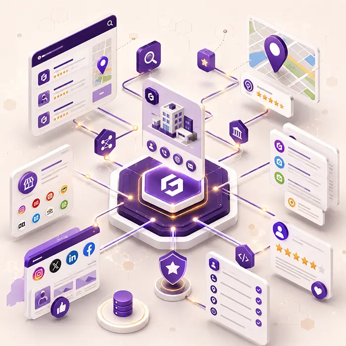Illustrative digital presence system across search, maps, directories, social profiles, and company information