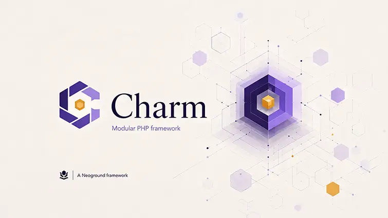 Architektur des Charm PHP Framework mit Anwendungsrouten, Controllern, Twig-Views, Eloquent-Modellen, Services, Queues, Events und API-Antworten, verbunden durch einen kompakten modularen Kern