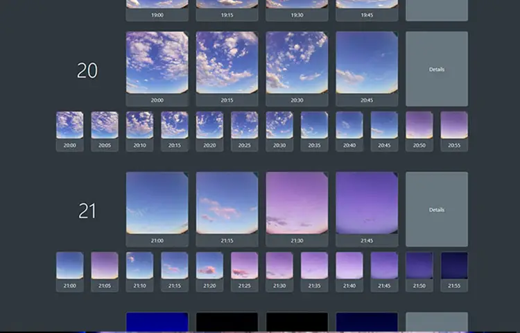 InfinitySky capture sequence showing recurring wide-angle sky images across day, twilight, and night